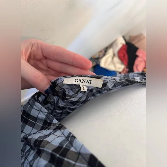 Ganni Seersucker Checkered Maxi Dress Blue/White Size 10 - Picture 6 of 6